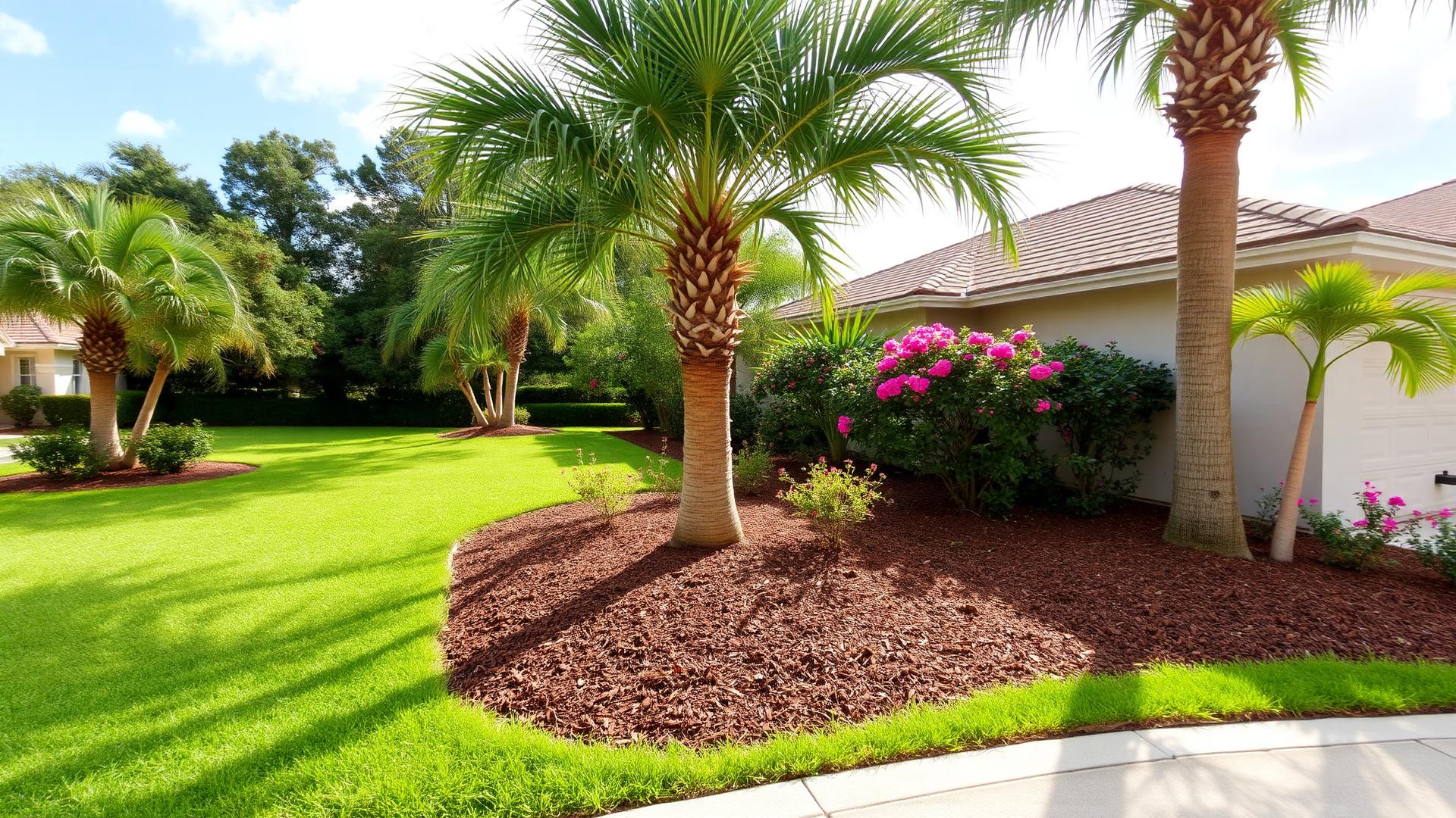 Lush green Florida lawn with palm trees and landscaped beds